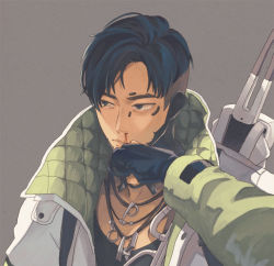 Rule 34 | 1boy, animification, apex legends, black eyes, black gloves, black hair, blood, collarbone, crypto (apex legends), cyborg, gloves, green sleeves, grey jacket, jacket, jewelry, looking to the side, male focus, momonga (mmng5), necklace, nosebleed, partially fingerless gloves, solo, wiping face