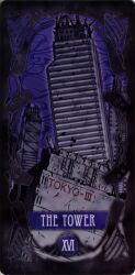 Rule 34 | black border, border, building, card (medium), english text, highres, neon genesis evangelion, no humans, non-web source, purple background, roman numeral, ruins, tarot, tarot (medium), the tower (tarot), tokyo-3 (city)