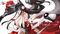 Rule 34 | 1girl, animal ear fluff, animal ears, bell, black hair, breasts, female focus, flower, fox ears, fox girl, fox tail, katana, large breasts, looking at viewer, original, red eyes, revealing clothes, rose, simple background, solo, solo focus, standing, sword, tail, weapon, white background, white flower, white rose
