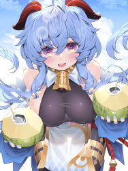 Rule 34 | 1girl, blue hair, bodystocking, breasts, detached sleeves, ganyu (genshin impact), genshin impact, goat horns, highres, holding, horns, long hair, medium breasts, open mouth, purple eyes, smile, solo, waterring