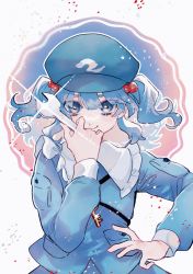 Rule 34 | 1girl, absurdres, blue eyes, blue hair, blue hat, blue shirt, blush, closed mouth, commentary, flat cap, frilled shirt collar, frills, hair between eyes, hair bobbles, hair ornament, hand on own hip, hand up, hat, highres, holding, holding wrench, katai (nekoneko0720), kawashiro nitori, long sleeves, looking at viewer, medium hair, one-hour drawing challenge, shirt, sleeve cuffs, smile, solo, touhou, twintails, upper body, wrench