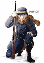 Rule 34 | 1boy, backpack, bag, belt, black hair, blue coat, boots, brown hair, coat, full body, golden kamuy, grey hat, gun, hat, highres, kneeling, male focus, military, military uniform, on one knee, open mouth, plaid, plaid scarf, rifle, scar, scar on face, scar on mouth, scarf, shosudo, simple background, snow, snowing, solo, sugimoto saichi, teeth, uniform, weapon, white background, yellow hat