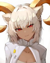 Rule 34 | 1girl, absurdres, animal ears, arknights, breasts, carnelian (arknights), cleavage, closed mouth, collarbone, commentary, dark-skinned female, dark skin, english commentary, female focus, goat ears, goat girl, goat horns, highres, horns, looking at viewer, portrait, red eyes, short hair, silver hair, simple background, smile, solo, white background, yuu azma