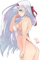 Rule 34 | 10s, 1girl, ass, bare shoulders, blush, breasts, brown eyes, hairband, highleg, highleg swimsuit, jewelry, kantai collection, long hair, looking at viewer, one-piece swimsuit, profile, ring, sensen, shoukaku (kancolle), sideboob, silver hair, smile, solo, standing, swimsuit, wedding band