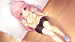 Rule 34 | 1girl, bike shorts, blush, cameltoe, collarbone, dutch angle, game cg, hair ornament, hatsujou sprinkle, highres, hinata mio, legs, long hair, looking at viewer, mikagami mamizu, on floor, pink hair, ponytail, shoes, sitting, smile, solo, yellow eyes
