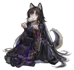 Rule 34 | 1girl, absurdres, animal ears, arknights, baozi, black hair, chain, dog ears, dog girl, dog tail, facial mark, food, food in mouth, forehead mark, highres, jewelry, knee pads, liangban xiexu, long hair, looking at viewer, mouth hold, pants, paw pose, purple pants, purple shirt, saga (arknights), seiza, shirt, simple background, sitting, smile, solo, tail, very long hair, white background, yellow eyes