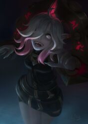 Rule 34 | 1girl, absurdres, ahoge, artist name, belt, black belt, blue nails, breasts, briar (league of legends), colored sclera, cowboy, fingernails, gradient hair, grey hair, hair between eyes, highres, league of legends, long hair, medium breasts, multicolored hair, nail polish, no pupils, open mouth, pink hair, pointy ears, red sclera, sharp teeth, sidelocks, simple background, smile, solo, teeth, vampire, western, wikoarts, wrist cuffs