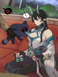 Rule 34 | 2boys, animal, aqua eyes, aqua horns, black gloves, black hair, black pants, blade (honkai: star rail), cat, closed mouth, clothing cutout, couch, dan heng (honkai: star rail), dan heng (imbibitor lunae) (honkai: star rail), dragon boy, fingerless gloves, gloves, highres, holding, honkai: star rail, honkai (series), horns, kkong x, long hair, long sleeves, multiple boys, on couch, out of frame, pants, pectoral cleavage, pectorals, pointy ears, sitting