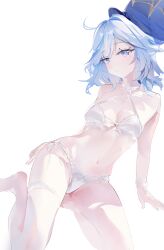 Rule 34 | 1girl, absurdres, ahoge, barefoot, blue eyes, blue hair, blue hat, blush, bra, breasts, furina (genshin impact), genshin impact, hat, highres, light blue hair, lingerie, looking at viewer, maomoking, medium hair, navel, panties, parted lips, simple background, small breasts, solo, thigh strap, top hat, underwear, white background, white bra, white panties