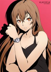 Rule 34 | 1girl, bare arms, bare shoulders, breasts, brown hair, cleavage, clenched hand, collarbone, eyelashes, fighting stance, hair between eyes, hand up, lips, long hair, looking at viewer, medium breasts, orange eyes, original, parted lips, pink background, sakiyamama, simple background, sleeveless, solo, straight hair, tank top, tsurime, upper body, very long hair, watch, wristwatch