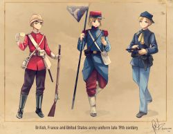 Rule 34 | 1853 enfield, 3boys, absurdres, america (hetalia), american civil war, ammunition pouch, axis powers hetalia, backwards hat, belt, blonde hair, boots, canteen, colt 1860 army, cup, english text, epaulettes, france (hetalia), fuura, gaiters, green eyes, grin, gun, handgun, hat, helmet, highres, holding, holding cup, holster, kepi, light brown hair, looking to the side, male focus, medium hair, military, military hat, military uniform, multiple boys, musket, open mouth, pouch, purple eyes, revolver, short hair, signature, smile, soldier, teacup, uniform, united kingdom (hetalia), weapon
