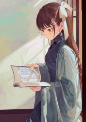 Rule 34 | 1girl, blue dress, book, brown hair, closed mouth, dress, earrings, expressionless, fkey, hair ribbon, highres, holding, holding book, jacket, jewelry, long hair, long sleeves, looking away, mole, mole under eye, open book, open clothes, open jacket, original, photoshop (medium), ribbon, solo, white ribbon, yin yang
