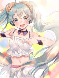 Rule 34 | 1girl, :d, arms up, artist name, blue background, blue hair, blush, clothes lift, detached sleeves, frilled shirt, frills, hanako151, happy, hatsune miku, head tilt, highres, long hair, multicolored background, navel, open mouth, pink background, red background, shirt, skirt, skirt lift, sleeveless, sleeveless shirt, smile, solo, teeth, twintails, upper body, upper teeth only, very long hair, vocaloid, white shirt, white skirt, yellow background