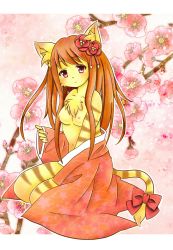 Rule 34 | 1girl, artist request, breasts, cheetah, female focus, flower, full body, furry, furry female, gradient background, highres, japanese clothes, long hair, nature, nipples, plant, red eyes, red hair, solo, white background