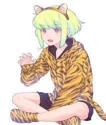 Rule 34 | 1boy, animal ears, animal print, black shorts, claw pose, crossed legs, earrings, fake animal ears, fake tail, fang, green hair, highres, hood, hoodie, jewelry, kome 1022, lio fotia, male focus, open mouth, oversized clothes, print hoodie, print socks, promare, purple eyes, short hair, shorts, sidelocks, simple background, sitting, socks, solo, tail, tiger ears, tiger print, tiger tail, trap, triangle earrings, white background
