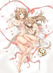 Rule 34 | 2girls, animal ear fluff, animal ears, arm up, ass, barefoot, blue eyes, box, bra, breasts, brown hair, cat ears, cat tail, chocolate, feet, frilled panties, frills, hand on another&#039;s head, heart-shaped box, highres, leg ribbon, legs, long hair, lying, medium breasts, mr1thonk, multiple girls, on back, on side, original, panties, pink bra, pink panties, ribbon, see-through, shirt, short hair, side-tie panties, smile, soles, tail, thigh ribbon, thighs, toes, underwear, underwear only, white panties, white shirt