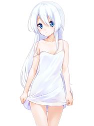 Rule 34 | 1girl, bad id, bad pixiv id, bare shoulders, blue eyes, blush, female focus, long hair, looking at viewer, off shoulder, open mouth, original, rimo, simple background, solo, strap slip, thigh gap, very long hair, white background, white hair