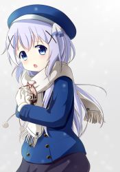 Rule 34 | 1girl, bag, beret, black skirt, blue eyes, blue hair, blue hat, blue jacket, blush, chocolate, commentary request, cowboy shot, gift, gift bag, gloves, gochuumon wa usagi desu ka?, gradient background, hair ornament, hairclip, hat, holding, holding bag, jacket, kafuu chino, long hair, long sleeves, looking at viewer, open mouth, pom pom (clothes), red ribbon, ribbon, scarf, sidelocks, skirt, snow, solo, tagame (tagamecat), two-tone background, white gloves, white scarf, x hair ornament