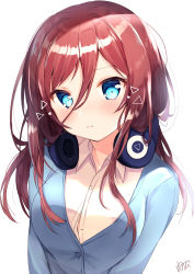 Rule 34 | 1girl, :t, absurdres, bad id, bad pixiv id, blue cardigan, blue eyes, blush, breasts, brown hair, cardigan, closed mouth, go-toubun no hanayome, hair between eyes, headphones, headphones around neck, heart, heart-shaped pupils, highres, large breasts, long hair, long sleeves, looking at viewer, nakano miku, nenobi (nenorium), shirt, signature, simple background, solo, symbol-shaped pupils, upper body, white background, white shirt