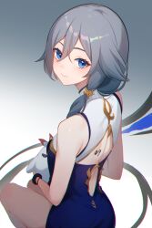 Rule 34 | 1girl, absurdres, back cutout, blue dress, blue eyes, blue hair, china dress, chinese clothes, clothing cutout, dress, eyeliner, fu hua, fu hua (blue swallow), fu hua (valkyrie accipiter), grey hair, hair between eyes, highres, honkai (series), honkai impact 3rd, huang tie lin, jingwei (bird), light smile, long hair, looking at viewer, low-tied long hair, low ponytail, makeup, official alternate costume, ponytail, red eyeliner, sitting, sleeveless, solo, thighs