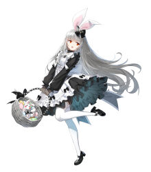 Rule 34 | 1girl, :o, absurdres, animal ears, apron, back bow, basket, black bow, black dress, black footwear, bow, closers, dress, easter egg, egg, fake animal ears, foot up, frilled apron, frilled dress, frills, from side, full body, gloves, grey gloves, grey hair, hair bow, highres, holding, holding basket, long hair, long sleeves, looking to the side, mary janes, official art, puffy long sleeves, puffy sleeves, rabbit ears, red eyes, shoes, short dress, solo, standing, standing on one leg, stuffed animal, stuffed rabbit, stuffed toy, tachi-e, teeth, thighhighs, tina (closers), upper teeth only, v-shaped eyebrows, very long hair, white apron, white background, white bow, white thighhighs