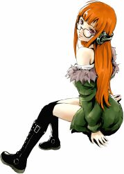 Rule 34 | 1girl, absurdres, bare shoulders, behind-the-head headphones, black thighhighs, boots, brown eyes, from side, fur-trimmed jacket, fur trim, glasses, green jacket, grin, headphones, highres, invisible chair, jacket, long hair, looking at viewer, off shoulder, orange hair, ozkh, persona, persona 5, sakura futaba, simple background, sitting, smile, solo, thighhighs, thighs, very long hair, white background