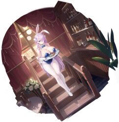 Rule 34 | 1girl, alcohol, animal ears, aqua eyes, artist request, azur lane, ballet slippers, bar (place), bare shoulders, blue bow, blue bowtie, blue leotard, blush, bottle, bow, bowtie, braid, breasts, breasts on tray, cleavage, closed mouth, collar, collarbone, cup, detached collar, drinking glass, fake animal ears, flower, food, frilled leotard, frills, full body, gloves, hair behind ear, hair ornament, hair over one eye, highleg, highleg leotard, highres, holding, holding plate, holding tray, huge breasts, indoors, leotard, long hair, looking at viewer, louisville (an order of dreams) (azur lane), louisville (azur lane), official alternate costume, one eye covered, pantyhose, plate, playboy bunny, purple hair, rabbit ears, reflection, reflective surface, shoes, stairs, standing, strapless, strapless leotard, tray, very long hair, white flower, white footwear, white gloves, white pantyhose