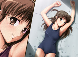 Rule 34 | 1girl, :3, arms up, brown eyes, brown hair, close-up, flat chest, from above, long hair, lying, mumumu (road), on back, one-piece swimsuit, original, school swimsuit, short twintails, solo, split screen, swimsuit, twintails, two side up, wet