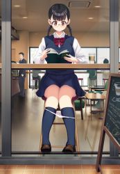 Rule 34 | 1girl, absurdres, black hair, blue vest, blush, book, bow, bowtie, braid, breasts, brown footwear, cafe, chair, chalkboard, chalkboard sign, closed mouth, coffee, exhibitionism, faceless, faceless male, feet, full body, glasses, hand in pocket, highres, holding, holding book, indoors, kneehighs, knees together feet apart, large breasts, legs, light blush, loafers, bowtie, orange eyes, original, panties, panties around leg, panty pull, pleated skirt, public indecency, reading, red bow, rimless eyewear, school uniform, shoes, sitting, skirt, socks, standing, stool, table, thighs, through window, twin braids, udonko072, underwear, vest, window