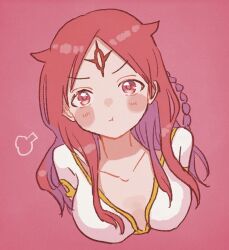 Rule 34 | 1girl, :t, anam95, blush, braid, breasts, closed mouth, cropped torso, facial mark, forehead mark, highres, horn-shaped hair, long hair, looking at viewer, magi the labyrinth of magic, medium breasts, pout, puff of air, red background, red eyes, red hair, red theme, sheba (magi), side braid, simple background, solo