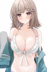 Rule 34 | 1girl, absurdres, backpack, bag, bare shoulders, bikini, blush, breasts, brown eyes, brown hair, collarbone, commentary request, danganronpa (series), danganronpa 2: goodbye despair, etoria, flipped hair, front-tie bikini top, front-tie top, galaga, green jacket, grey background, hair ornament, highres, jacket, large breasts, long sleeves, looking at viewer, medium hair, mole, mole on breast, nanami chiaki, navel, off shoulder, official alternate costume, parted lips, simple background, solo, stomach, swimsuit, teeth, upper body, white bikini