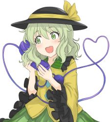 Rule 34 | 1girl, :d, black hat, blouse, blush, bow, commentary request, frills, goto tsukasa, green eyes, green skirt, hair between eyes, hands up, happy, hat, hat bow, heart, heart of string, holding, holding phone, komeiji koishi, light green hair, long sleeves, looking to the side, medium hair, open mouth, phone, shirt, simple background, skirt, smile, solo, touhou, upper body, wavy hair, white background, wide sleeves, yellow bow, yellow shirt