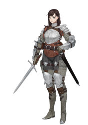 Rule 34 | 1girl, absurdres, armor, armored boots, belt, black hair, blue eyes, boots, breastplate, fantasy, female focus, female knight, full body, gauntlets, highres, holding, holding sword, holding weapon, knight, original, pauldrons, plate armor, shoulder armor, simple background, solo, sonech, sword, weapon, white background