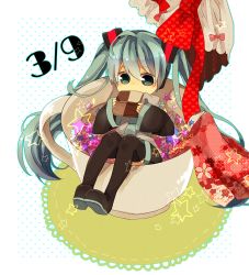 Rule 34 | 00s, 1girl, aqua hair, bad id, bad pixiv id, boots, checkerboard cookie, cookie, cup, detached sleeves, food, green eyes, hatsune miku, in food, long hair, mini person, minigirl, mug, necktie, sitting, skirt, solo, thigh boots, thighhighs, twintails, very long hair, vocaloid, yuya kyoro