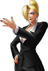 Rule 34 | 1girl, blonde hair, blue eyes, breasts, cleavage, collared shirt, earrings, eyepatch, formal, fringe trim, hair over one eye, hair up, hand on own hip, highres, jewelry, king of fighters xiii, large breasts, mature (kof), nail polish, narrow waist, no bra, official art, ogura eisuke, pant suit, pants, shirt, short hair, snk, solo, suit, the king of fighters, the king of fighters xiii, transparent background