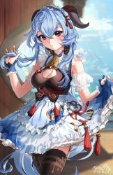 Rule 34 | 1girl, alternate costume, apron, arm garter, blue hair, blush, breasts, brown thighhighs, cleavage, cowboy shot, enmaided, frilled apron, frills, ganyu (genshin impact), garter straps, genshin impact, goat horns, hair between eyes, highres, holding, holding own hair, horns, long hair, looking at viewer, maid, maid apron, maid headdress, medium breasts, meltyrice, parted lips, purple eyes, see-through, signature, skirt hold, solo, tassel, thighhighs, very long hair, white apron
