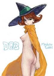 Rule 34 | 1girl, ass, bad id, bad nijie id, black eyes, breasts, brown hair, cape, character name, chunsoft, copyright name, dragon quest, dragon quest iii, earrings, enix, hat, jewelry, looking at viewer, looking back, mage (dq3), naked cape, nipples, nude, ponsuke (pon00000), romaji text, simple background, solo, white background, witch hat