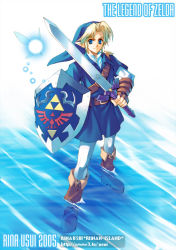 Rule 34 | 1boy, alternate color, bad id, bad pixiv id, blonde hair, blue eyes, blue tunic, boots, gauntlets, holding, holding sword, holding weapon, hylian shield, link, male focus, master sword, navi, nintendo, pointy ears, shield, solo, sword, the legend of zelda, the legend of zelda: ocarina of time, usui rina, weapon