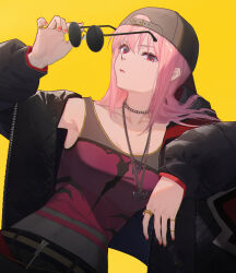 1girl backwards_hat baseball_cap black_jacket closed_mouth covered_navel hat highres holding holding_removed_eyewear hololive hololive_english hood hooded_jacket jacket jewelry long_hair looking_at_viewer mori_calliope mori_calliope_(new_underworld_order) necklace official_alternate_costume pink_hair red_eyes red_nails red_shirt reirz ring round_eyewear shirt simple_background solo streetwear sunglasses unworn_eyewear virtual_youtuber yellow_background