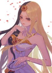 Rule 34 | 1girl, absurdres, bai guangying (ye luoli), blonde hair, brown hair, hair ornament, hand on own chest, highres, looking at viewer, multicolored hair, petals, shenming zhoudiu liao, solo, two-tone hair, upper body, white background, ye luoli