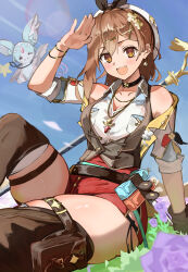 Rule 34 | 1girl, :d, absurdres, arm support, atelier (series), atelier ryza, atelier ryza 3, bare shoulders, belt, beret, black choker, black ribbon, blue sky, blush, breasts, bright pupils, brown belt, brown eyes, brown hair, brown thighhighs, choker, cleavage, collared shirt, commentary, day, diamond earrings, double-parted bangs, earrings, fang, flower, grass, hair between eyes, hair ornament, hair ribbon, hairclip, half updo, hand up, hat, highres, jewelry, large breasts, leaning back, lens flare, light rays, looking at viewer, medium hair, open mouth, osashimi 0343x, outdoors, purple flower, red shorts, reisalin stout, ribbon, salute, shiny skin, shirt, short sleeves, shorts, sidelocks, sitting, skin tight, skindentation, sky, smile, solo focus, staff, star ornament, teeth, thigh strap, thighhighs, thighs, upper teeth only, white headwear, white pupils, white shirt, x hair ornament, zettai ryouiki