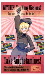 Rule 34 | absurdres, alison (alison airlines), arm up, blonde hair, blush, brown coat, coat, collared coat, cowboy shot, english text, erica hartmann, highres, long sleeves, looking at viewer, open mouth, pants, shadow, short hair, smile, solo, strike witches, white pants, world witches series