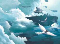 Rule 34 | bird, blue sky, building, cloud, fantasy, flying, male focus, sky, tagme, tail, whale, wings