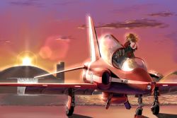 Rule 34 | 1girl, aircraft, airplane, blonde hair, fighter jet, helmet, jet, long hair, military, military vehicle, omichi (gutteli), open mouth, original, pilot suit, sky, smile, vehicle focus