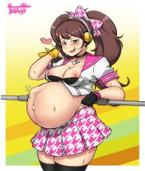 Rule 34 | 1girl, absurdres, blush, breasts, brown eyes, brown hair, choker, female focus, fetal movement, fingerless gloves, gloves, headphones, heart, heart-shaped pupils, highres, kujikawa rise, long hair, looking at viewer, matching hair/eyes, medium breasts, nipple slip, nipples, persona, persona 4, pregnant, skirt, solo, sweat, symbol-shaped pupils, thick thighs, thighhighs, thighs, tsukijitums, twintails