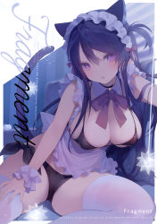 Rule 34 | 1girl, animal ears, apron, bikini, black bikini, black hair, bow, bowtie, breasts, cat ears, cat girl, cat tail, cleavage, comiket 99, commentary request, cover, cover page, detached collar, english text, highres, large breasts, long hair, looking at viewer, maid, maid apron, maid headdress, micro bikini, open mouth, original, purple bow, purple bowtie, purple eyes, side-tie bikini bottom, sitting, skindentation, solo, swimsuit, tail, thighhighs, white thighhighs, wrist cuffs, yoruneko