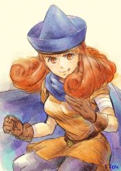 Rule 34 | 1girl, alena (dq4), breasts, cape, commentary request, curly hair, dragon quest, dragon quest iv, gloves, hat, long hair, orange hair, pantyhose, sio2 (nisankakeiso), skirt, smile, solo, yellow skirt
