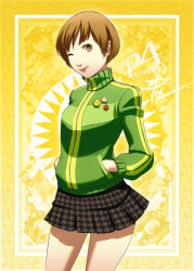 Rule 34 | 1girl, atlus, brown eyes, brown hair, hands in pockets, houndstooth, jacket, lips, looking at viewer, md5 mismatch, one eye closed, persona, persona 4, polarityplus, resized, resolution mismatch, satonaka chie, short hair, signature, skirt, smile, solo, source larger, track jacket, wink