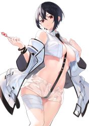 Rule 34 | 1girl, absurdres, bandaged arm, bandages, bare shoulders, between breasts, black hair, breasts, candy, cleavage, closed mouth, collared shirt, cowboy shot, crop top, crop top overhang, crotch strap, expressionless, food, harness, highres, holding, jacket, lollipop, long sleeves, looking at viewer, medium breasts, midriff, navel, no bra, no panties, off shoulder, open clothes, open fly, open jacket, open shirt, original, red eyes, revealing clothes, see-through, see-through shorts, shirt, short hair, short shorts, shorts, sidelocks, simple background, skindentation, sleeveless, sleeveless shirt, solo, stomach, thighs, white background, white jacket, white shirt, yamanokami eaka