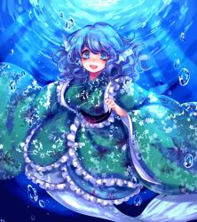 Rule 34 | 1girl, bad id, bad twitter id, blue eyes, blue hair, blue kimono, breasts, bubble, fins, fish tail, floral print, frilled kimono, frills, head fins, japanese clothes, kimono, large breasts, long sleeves, looking at viewer, matching hair/eyes, mermaid, monster girl, obi, sash, smile, solo, sunlight, tail, tis (shan0x0shan), touhou, underwater, wakasagihime, wide sleeves
